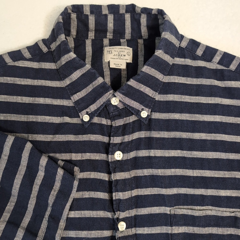 J Crew Shirt Men L Blue Grey Striped 100% Linen Short Sleeve Rugby Breathable